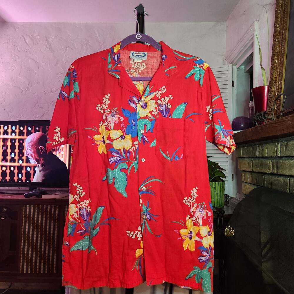 Vintage All American Made in USA Red Floral Hawaiian Camp Shirt Size L